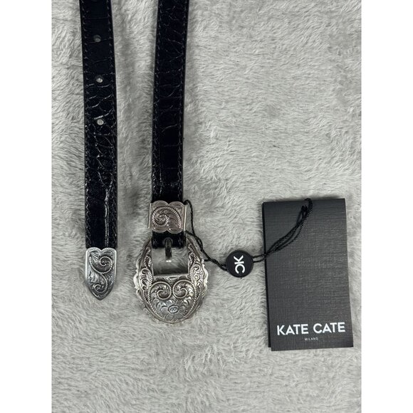 Kate Cate Black Croc-Print Calfskin Belt With Ornate Silver Buckle S NWT